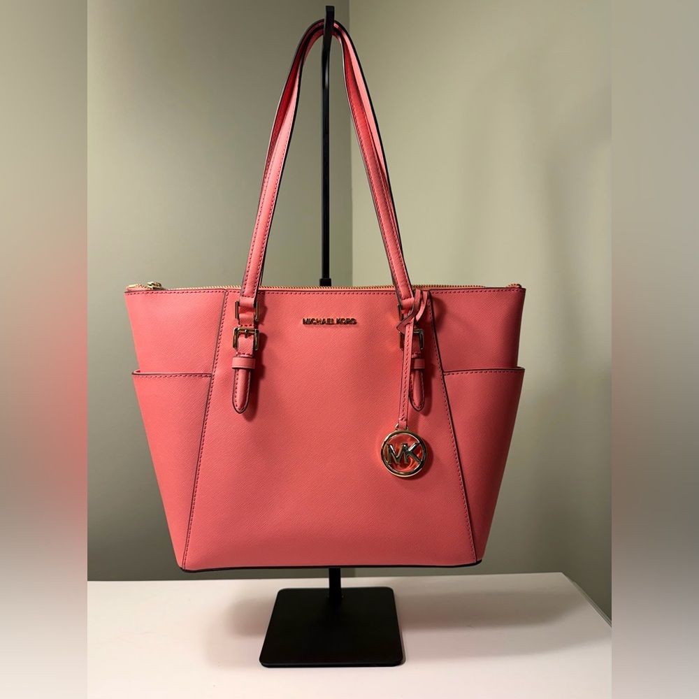 Michael Kors Coral Pink Saffiano Leather Tote with Gold MK Charm